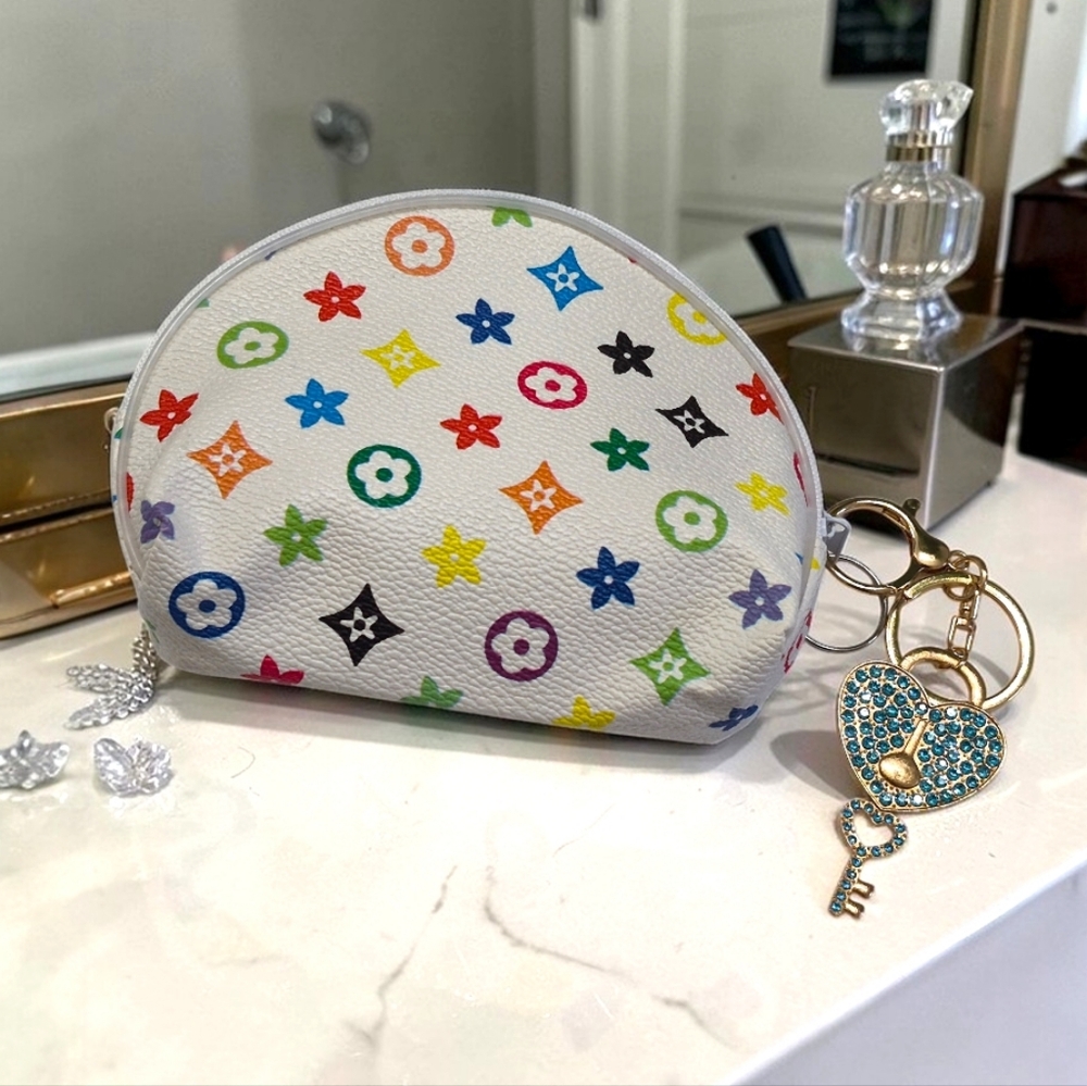 Colorful Patterned Zippered Pouch & Heart Bag Charm / Keychain - White & Lt.Blue
